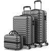 NUMADA - Set di valigie 3pzs (53/63cm) e borsa da toilette Grigio, ABS Resistente, Leggero con 4 ruote doppie e lucchetto combinazione laterale