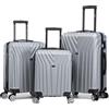 R.Leone Valigia da 1 Fino a Set 4 Trolley Rigido grande, medio, bagaglio a mano 55x40x23 cm Wizz, ITA Airways e bagaglio 45x36x20 cm EasyJet in ABS 9001 (Argento, Set 3 Pezzi S M L)