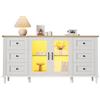 Azkoeesy Credenza 150 cm con illuminazione a LED, 6 cassetti e 2 porte in acrilico, buffé / cassettiera / vetrina / mobile TV in stile country per soggiorno, sala da pranzo, cucina, colore bianco e naturale