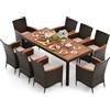 GIANTEX Tavolo e Sedie da Pranzo in PE Rattan, Set di Mobili in Rattan, Set di Mobili Composto da 9 Pezzi, con 8 Sedie e 1 Tavolo, Piano del Tavolo in Acacia, per Interno e Esterno