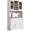 Azkoeesy Credenza Alta Mobile Cucina con Piano Lavorativo, 95x40x175 cm, Vetrina, 3 Cassetti e 3 Ante, Portabottiglie di Vino, Ganci, Bianco e Naturale, per Cucina e Sala da Pranzo