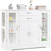 GYMAX Credenza per Cucina, Mobile di Stoccaggio per Cucina con Porte e Ripiani, 2 Vetrine in Vetro per Sala da Pranzo, Corridoio, Ufficio 107 x 30 x 82 cm