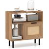 COSTWAY Tavolino da Salotto Boho in Rattan, Comodino con Ripiano Portaoggetti, Armadietto e Gambe in Metallo, Tavolino Versatile per Soggiorno, Camera da Letto e Ingresso