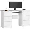AKORD | Scrivania Con Ripiano per Tastiera | Office Desk | 6 Cassetti (2x3) | Scrittoio per Ufficio | Per Computer PC Laptop | 135 x 77 x 50 cm, 60 kg | Bianco + Bianco Lucido Anteriori