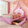 Trdlpyn Letto Imbottito 90 x 200 cm con Luce Ambientale APP e 2 Cassetti, Letto da Principessa a Forma di Corona per Bambina Ragazza, Testiera Regolabile, Materiale PU (Senza Materasso) Rosa