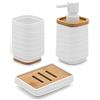 Inbagno Accessori Bagno in Set Completo 3 Pezzi Bianco, Kit Accessori appoggio, Include Dispenser, portaspazzolini e portasapone, in ABS e bambù Linea Wave (Set 3)