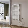 SUNXURY Scaldasalviette elettrico bianco, 1150 x 600 mm, curvo, scaldasalviette elettrico, con mini termostato selezionabile, portasciugamani ad acqua, attacco centrale, 600 Watt