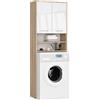AKORD | Armadio Pensile per Lavatrice | Armadio di trasformazione con 2 ante, 2 Ripiani Aperti | Archivio per bagno | Cassettiera per lavatrice | 64x180x30 cm | Peso 30kg | Rovere Sonoma|Bianco lucido