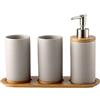 OnePine Set di 4 Accessori per Bagno, Ceramica, con Dispenser per Sapone, Portaspazzolino, Bicchiere per Lo Spazzolino, Vassoio di bambù