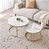 GrandCA HOME Tavolini da Caffè Rotondi Impilabili, Set di 2 Tavolini da Soggiorno Moderni con Struttura in Metallo Dorato, Tavolini Laterali in Pietra Sinterizzata in Marmo Bianco da 60 cm e 80 cm