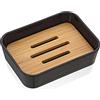 Inbagno Porta saponetta Bagno da appoggio, Design Moderno in Finitura Nera Opaca con Inserto in Legno di Bamboo