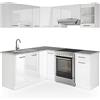 Vicco Cucina angolare completa Rick, Bianco lucido/bianco, 190 x 60 cm, PL Marmo, con elementi modulari espandibili per una pianificazione flessibile della cucina