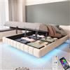 HOXINBLY Letto Matrimoniale con Contenitore 140x200 cm con LED e USB-C,Letto una piazza e mezza con Testiera e Vano Portaoggetti, Letto Contenitore con rete a doghe, Struttura Letto Matrimoniale in lino beige