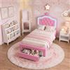KSFASHZ Letto Singolo Bambina 90x200 con Testiera, Letto Bambina 90x200 con LED e Cassetti, Letti Cameretta Ragazza Letti Singoli Imbottito con Doghe LettoCameretta Singolo, Nessun Materasso