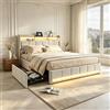 EZSSW Letto Matrimoniale Contenitore 160x200 Beige, Letto Moderno in Tessuto con Mensola Testiera, Luci LED RGB, 4 Cassetti Laterali e Ricarica USB Type-C, Lino