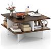 GIANTEX Tavolino quadrato a 2 livelli, tavolino da caffè in legno con 4 scomparti aperti e base a forma di X, 60 x 60 x 33 cm, tavolino per soggiorno, ufficio (marrone+bianco)