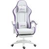 Vinsetto Sedia da Gaming Ergonomica in Pelle PU e Acciaio con Poggiatesta e Altezza Regolabile, Poltrona Gaming con Schienale Reclinabile e Cuscino Lombare, 65x65x121-129 cm, Bianco e Viola