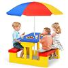 KOMFOTTEU Set di sedie per bambini con ombrellone, mobili per bambini con 1 tavolo e 2 panche, set per bambini in polipropilene, set da picnic per parco, giardino, campeggio, blu, rosso, giallo