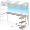 LIFEZEAL Struttura Letto a Soppalco con Scrivania, Luci, Multipresa, Barriere di Sicurezza, 90x200cm, Letto a Castello in Metallo, Rete a Doghe, Remoto Controllo, Illuminazione, Cameretta, Argento