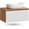 Planetmöbel - Set di mobili da bagno Arisa, mobile sottolavabo 80 cm in rovere Gold Eiche bianco (con nervature), lavabo 60 cm bianco, incluso sifone salvaspazio