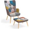 IDMarket - Poltrona scandinava IVAR con poggiapiedi in tessuto patchwork multicolore