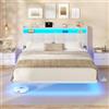 AOGLLATI Letto Matrimoniale 160x200 cm con Effetto Visivo Levitante, Struttura Letto con LED e Stazione di Ricarica, Letto con Testiera Imbottita e Struttura in Metallo, Senza Materasso, Bianco