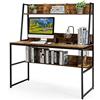 COSTWAY Scrivania con Libreria e Ripiano, Scrivania Salvaspazio per PC Portatile con 3 Scomparti e Ripiano Aperto, Ideale per Ufficio e Casa, 120 x 57 x 140 cm (Marrone)