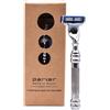Parker Safety Razor Parker 43M - Rasoio a tripla lama interamente in metallo, con struttura in ottone + manico cromato testurizzato di lusso, include una lama Gillette Mach 3