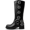 ERICAT Cintura con Fibbia Stivali Cavaliere Tacco Spesso Testa Quadrata Stivali Cowboy Occidentale retrò Donna Autunno e Inverno Stivali Alti in Pelle Morbida Stivali Biker Casual