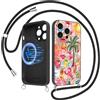Kivlclri Estivi Magnetica Cover per iPhone 15 Pro 6,1'' con Cordino, Cellulare Aesthetic Fiori Palma Collage Motivo Silicone Compatibile con MagSafe Case Corda con Laccio Antiurto Fotocamera Custodia