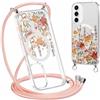 Gcxvaoi Magnetica Cover con Cordino per Samsung Galaxy S25 5G, Aesthetic Fiori Disegni Custodia con Collana Tracolla Laccio Corda Compatibile con MagSafe, Trasparente Silicone Case per Samsung S25, 01