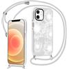 Kueqeay Custodia con Cordino per iPhone 12 Pro/ 12 6,1, Trasparente Aesthetic Modello Fiore Bianco Disegni Cover con Collana Antiurto Case Regolabile Cellulare Girocollo per Femmina, 06