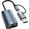 Obcxin Adattatore USB Ethernet 2.5G，adattatore di rete 2 in 1 USB-C Ethernet 100/1000/2500 Mbps, 2500Mbps USB C Ethernet Adapter, Plug & Play,per Win 11/10/8/7, XP, Mac OS, Linux