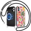 Kivlclri Estivi Magnetica Cover per iPhone 11 6,1'' con Cordino, Cellulare Aesthetic Fiori Palma Collage Motivo Silicone Compatibile con MagSafe Case Corda con Laccio Antiurto Fotocamera Custodia