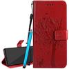 Laybomo Custodia per Motorola Moto G8 Cover Portafoglio PU Pelle Borsa con Slot per Schede Magnetico Flip Stand Protettivo Silicone Cover per Moto G8, Albero del Regalo (Rosso)