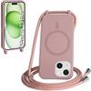 FMPCUON FNPCUON Cover Magnetica Silicone per iPhone 15 Plus con Cordino,Compatibile con MagSafe,Custodia con Laccio Collana Tracolla Collo Sottile TPU Antiurto Protettiva Case con Corda.Rosa