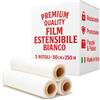OWIJI Film Estensibile Imballaggio Bianco Coprente 3 Rotoli Pellicola Protettiva Made In italy Cellophane 250 Metri Spedizioni Trasloco Multiuso Extra Resistente Peso Bobina 2,4 Kg 23 Micron