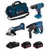 JG todotaladros BOSCH Kit 18V BK304BAG (Martello Perforatore GBH 18V-21 + Trapano a Percussione GSB 18V-21 + Smerigliatrice GWS 18-125 V-LI + 2 Batterie di 4,0 Ah + Caricabatterie + Borsa)
