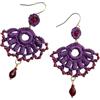 Handmade Orecchini fatti a mano all'uncinetto viola a ventaglio con perline rosse e ganci dorati, made in Italy