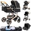 GLOKID Passeggino 3 in 1，Passeggino Canne，Trio，Con Seggiolino Accessori，Adattatori universali，Passeggino per bambini fino a 25 kg，4 ruote con ammortizzatori，navicella，grandi ruote (530 Nero oro)
