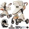 Magic ZC Passeggino Trio, Passeggino 3 in 1 con Doppia Modalità Push Reversibile, Trio Neonati con Grande Navicella, Carrozzina per Neonati in Alluminio Pieghevole (YV9 Creamy White)