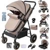 Aveainelle Passeggino 3 in 1, Trio Neonati da Viaggio Reversibile, Passeggino Pieghevole One-Click e Accessori Completi, Doppia Modalità di Freno per Ruote Anteriori e Posteriori (Khaki)