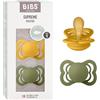 BIBS Ciuccio confezione da 2 pezzi. Privo di BPA, Tettarella simmetrica. Lattice di gomma naturale, Prodotto in Danimarca. Taglia 1 (0-6 mesi), Honey Bee/Olive