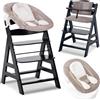hauck Seggiolone Pappa Alpha Plus Set Newborn - Seggiolone Pappa Bimbi in Legno, Evolutivo con Sdraietta Neonato 2in1 e Cuscino - Nero