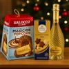 Generico Box Regalo Natalizia con Spumante Dolce Moscato, Pandoro Ripieno Maxiciok Pop Corn 800g e Praline Assortite Golden Stars Mix 115g - Idea Regalo di Natale Elegante e Golosa
