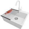 PRIMAGRAN Lavandino da Cucina Bianco 58x50cm, Lavello in Granito a 1 vasca + Rubinetto 32x20cm + Set di accessori, Lavabo da Cucina Incasso al Mobile 60cm - Riga S380