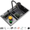 OMGMTSTORE Lavello Cucina 68x45 cm con Effetto Cascata,Lavello Moderno Multifunzionale Workstation in Acciaio Inox 1 Vasca con Rubinetto Estraibile,Tagliere,Bacino di Scolatura,Dispenser Sapone e Lavabicchieri