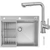 CECIPA 60x49 cm Lavello Cucina 1 Vasca con L Rubinetto Cucina Estraibile, Lavandino Cucina in Acciaio Inox con Dispenser Sapone per Mobile da 60cm
