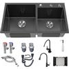 YINXSLO Lavello Cucina 2 vasche Lavello da cucina nero Lavandino cucina 2 vasche con gocciolatoio Lavello multifunzione in acciaio inox Con rubinetto, set completo di accessori (Black, 82 * 45cm)