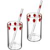 HEMOTON Set 2 Bicchieri Trasparenti Con Fragole Stampate E Cannucce Tazze in Vetro Resistente Per Latte Tè E Succo Ideali Per Casa E Ufficio